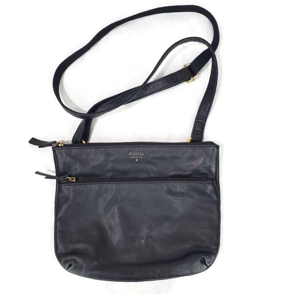 Fossil Handbags - FOSSIL 1954 Black Pebbled Cowhide Leather Adjustable Crossbody Bag & Coin Purse